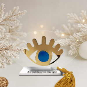 Γούρι μάτι βλεφαρίδες μπλε με βάση σε διάφανο plexiglass